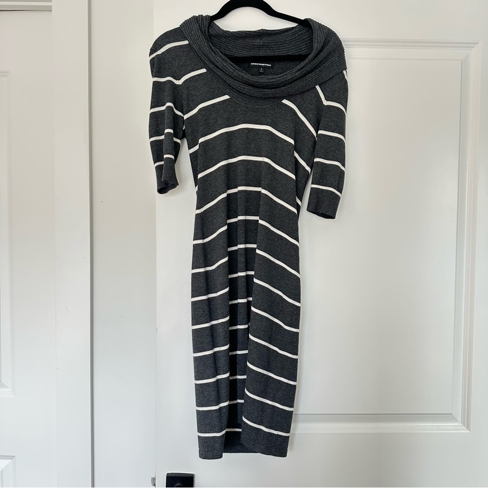 Express (S) Design Studio Gray White Striped Cowl Neck Midi Sweater Dress